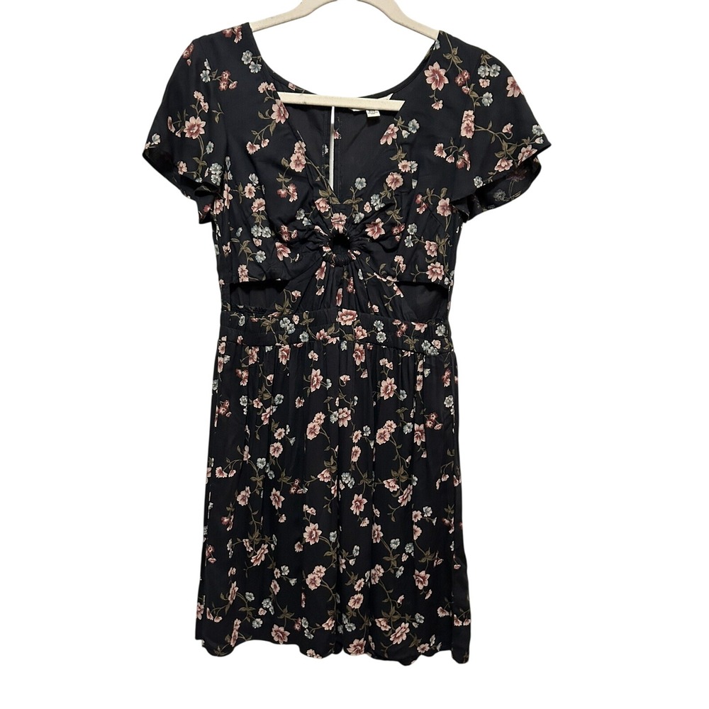 American Eagle‎ Navy Blue Pink Floral Mini Dress XS Flutter Sleeve Cut Out Boho
